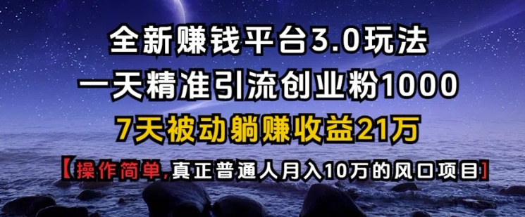 全新赚钱平台3.0玩法一天精准引流创业粉1000.7天被动躺Z收益21W【仅揭秘】-网创小站