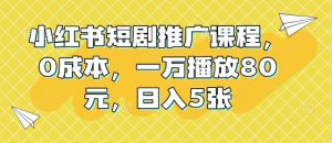 小红书短剧推广课程，0成本，一万播放80元，日入5张-网创小站