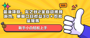蓝海项目，龙之谷2全自动搬砖游戏，单窗口日收益30＋可批量矩阵-网创小站
