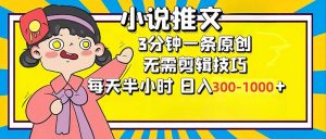 小说推文6.0，简单无脑，3分钟一个原创作品，每天半小时，日入300-1000...-网创小站