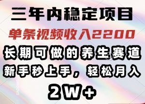三年内稳定项目，长期可做的养生赛道，单条视频收入2200，新手秒上手，...-网创小站