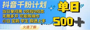 抖音千粉计划，日入500+，包落地，当日拿成果-网创小站