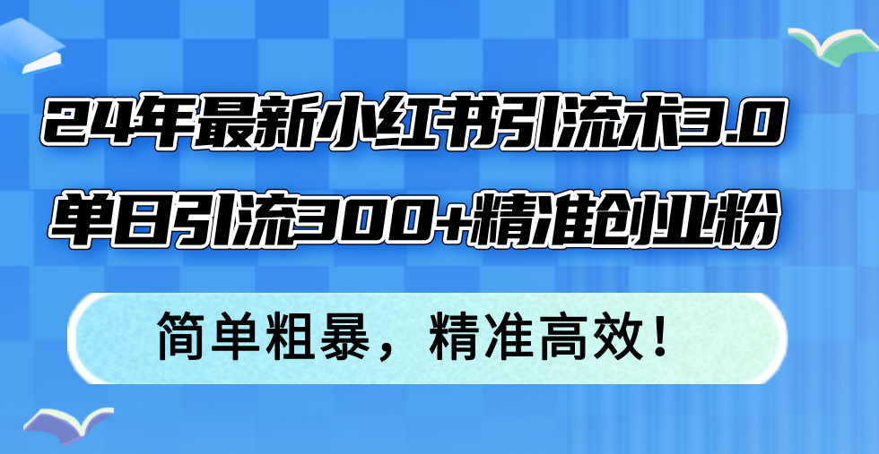 24年最新小红书引流术3.0，单日引流300+精准创业粉，简单粗暴，精准高效！-网创小站