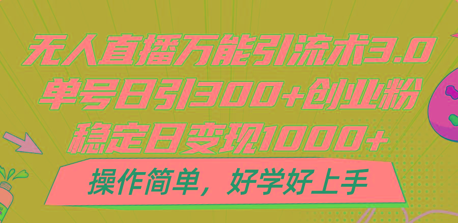 无人直播万能引流术3.0，单号日引300+创业粉，稳定日变现1000+，操作简单-网创小站