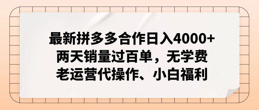 拼多多最新合作日入4000+两天销量过百单，无学费、老运营代操作、小白福利-网创小站