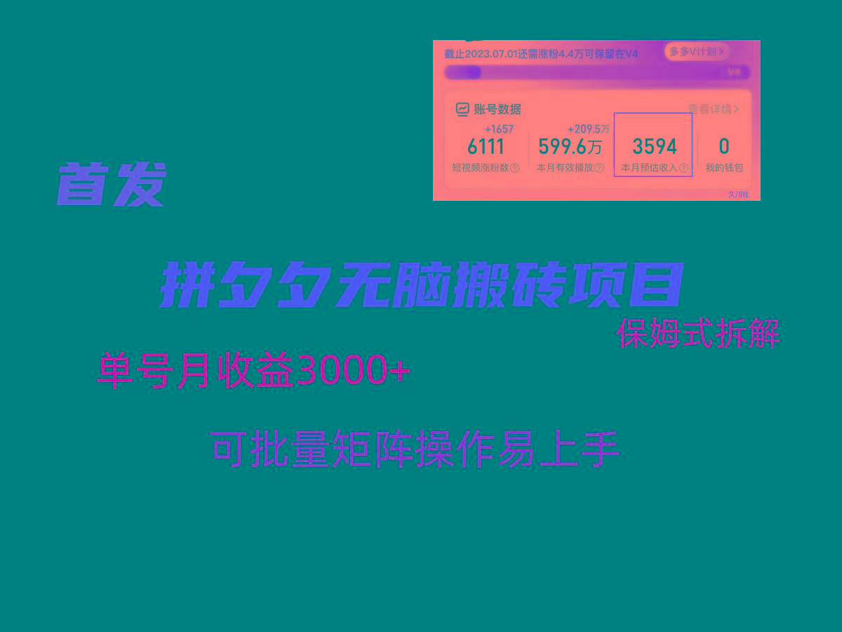拼夕夕无脑搬砖，单号稳定收益3000+，保姆式拆解-网创小站