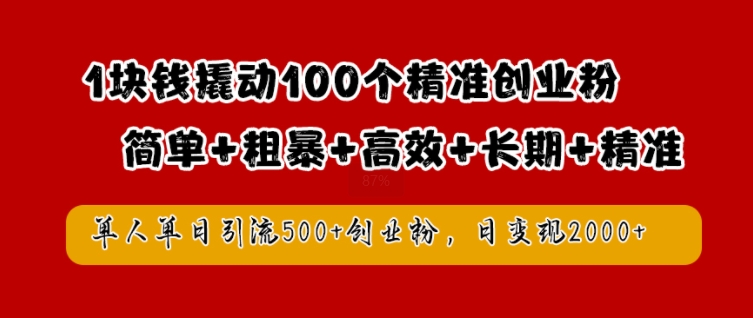 1块钱撬动100个精准创业粉，简单粗暴高效长期精准，单人单日引流500+创业粉，日变现2k【揭秘】-网创小站
