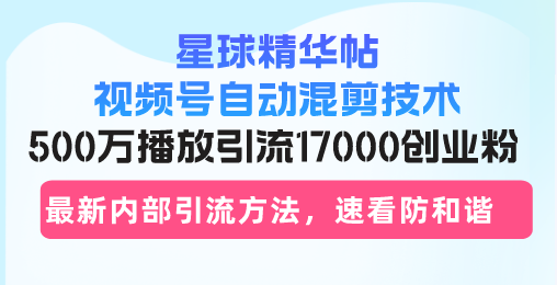 星球精华帖视频号自动混剪技术，500万播放引流17000创业粉，最新内部引...-网创小站