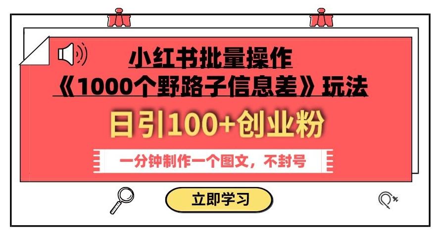 小红书批量操作《1000个野路子信息差》玩法,一分钟制作一个图文,不封号,日引100+创业粉