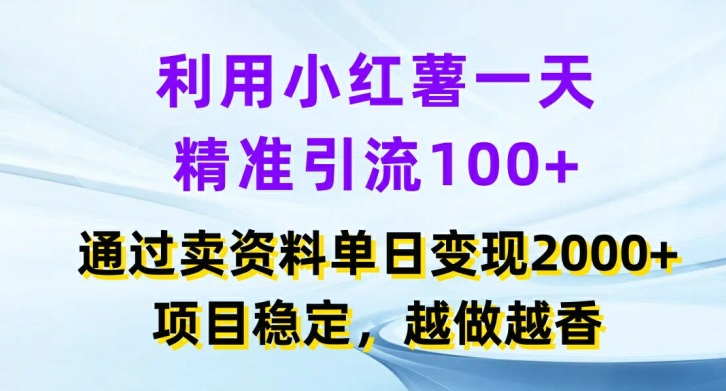 利用小红书一天精准引流100+，通过卖项目单日变现2k+，项目稳定，越做越香【揭秘】-网创小站