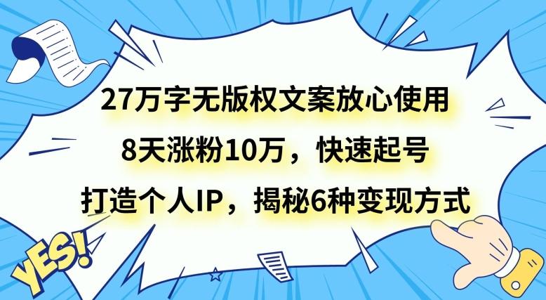 27万字无版权文案放心使用，8天涨粉10万，快速起号，打造个人IP，揭秘6种变现方式-网创小站