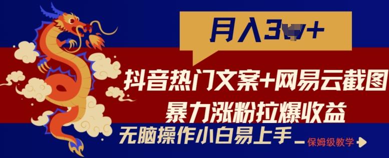 抖音热门文案+网易云截图暴力涨粉拉爆收益玩法，小白无脑操作，简单易上手【揭秘】-网创小站