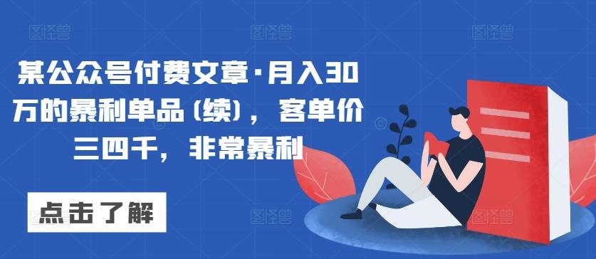 某公众号付费文章·月入30万的暴利单品(续)，客单价三四千，非常暴利-网创小站