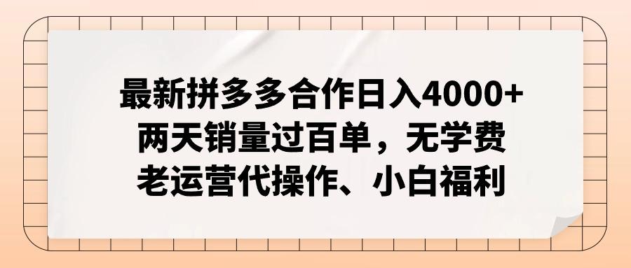 最新拼多多合作日入4000+两天销量过百单，无学费、老运营代操作、小白福利-网创小站