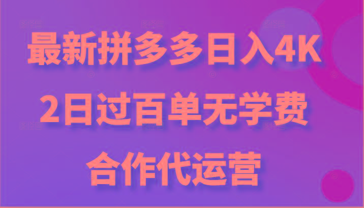 最新拼多多,日入4K+,2日过百单无学费,合作代运营-网创小站